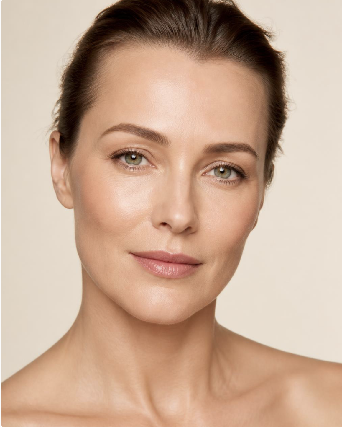 Close beauty-editorial portrait of a fair-skinned woman facing directly forward with hair pulled back, shown in soft natural light on a warm neutral backdrop
