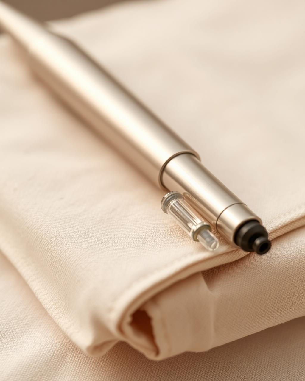 Detail of a laser handpiece resting on folded ivory linen