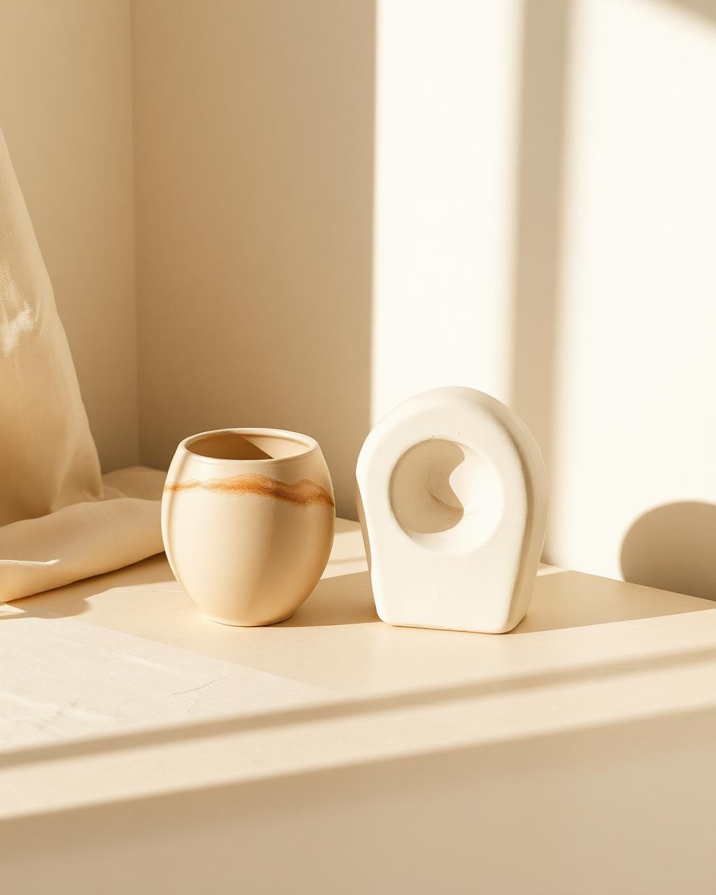 Hand-formed clay vessel and plaster study in soft daylight