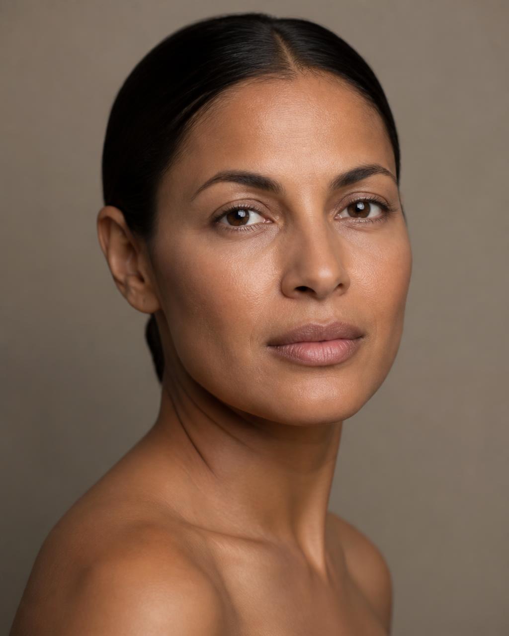 Close beauty-editorial three-quarter portrait of a woman around forty with warm medium-brown skin and dark hair smoothed back, showing cheeks, temples, jawline and lips in soft directional light on a plain neutral backdrop