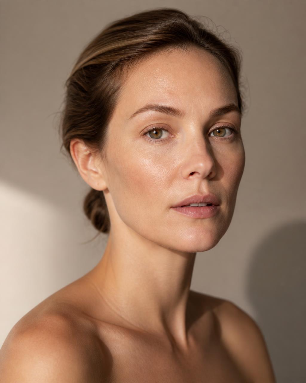 Close beauty-editorial portrait of a woman in her mid thirties with fair skin, hair pulled back, calm neutral expression and a smooth forehead and eye area, on a plain warm neutral backdrop