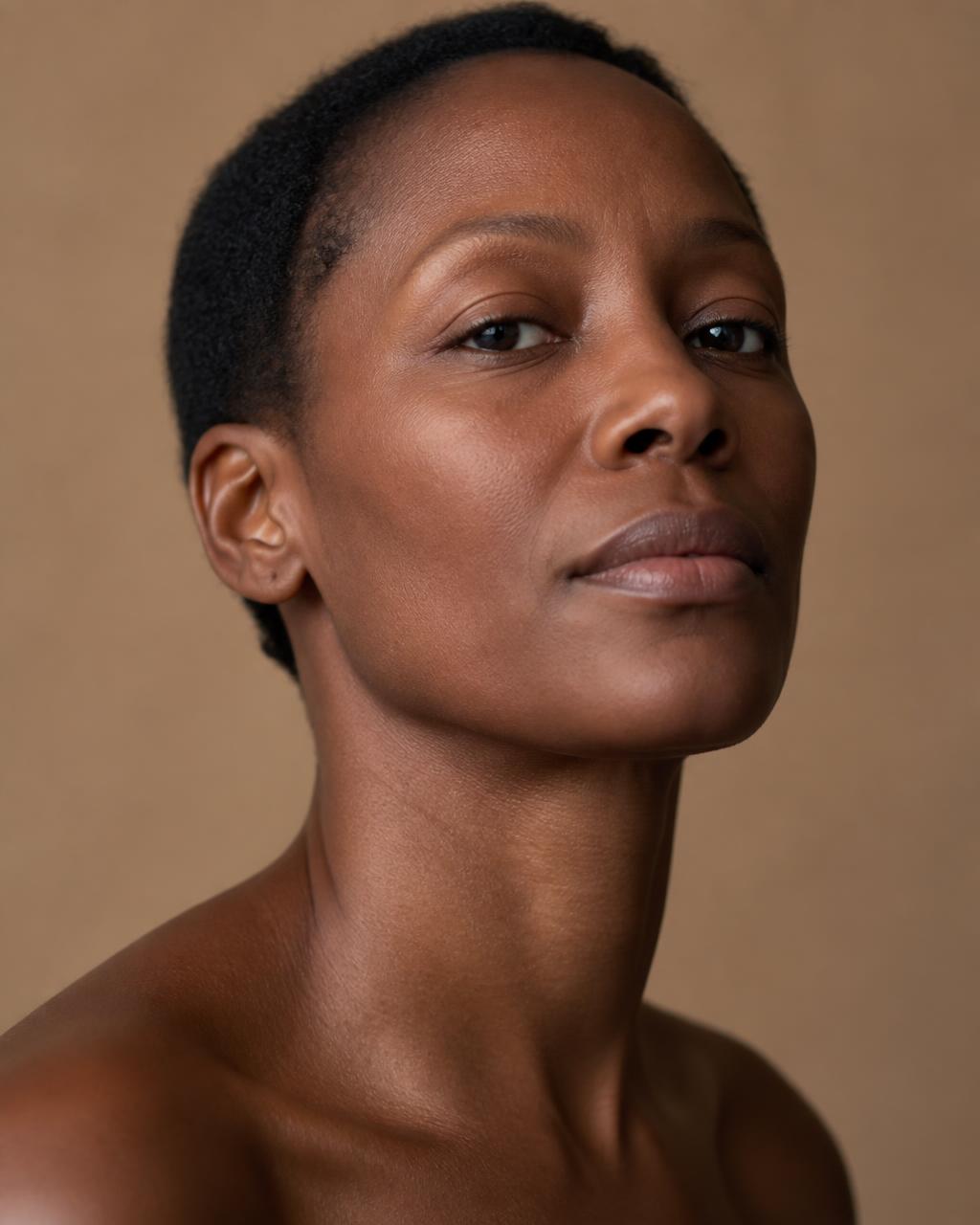Close beauty-editorial portrait of a woman in her late thirties with deep brown skin and short cropped hair, head turned to show the lower face, jawline and upper neck in soft directional light on a plain neutral backdrop